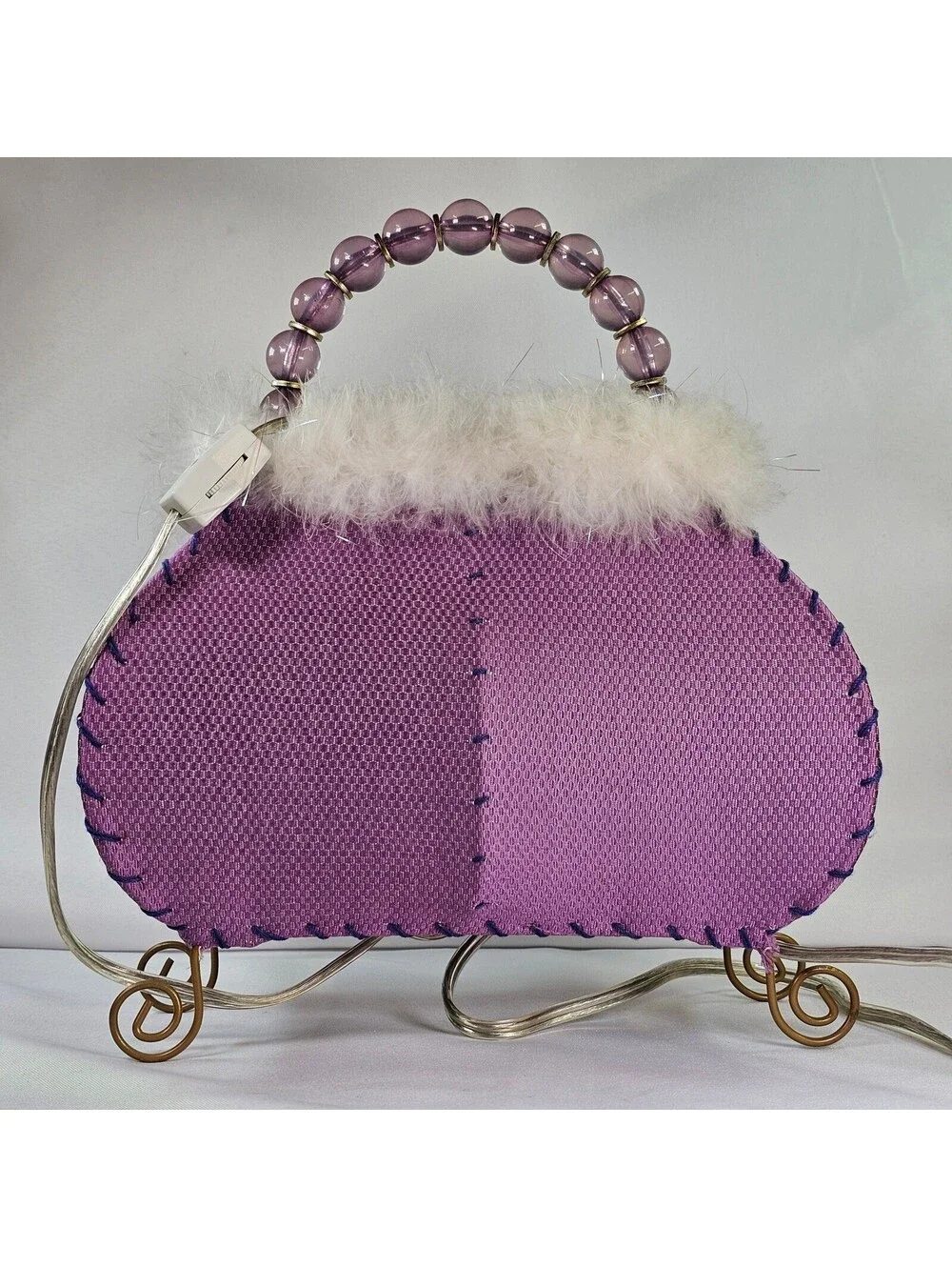 Vintage Novelty Purse Accent Lamp Purple Fabric Faux Fur Beaded Handle Kitschy
